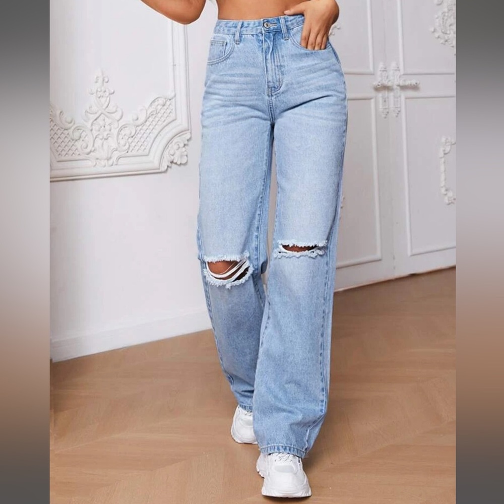 High Waist Ripped Straight Leg Jeans